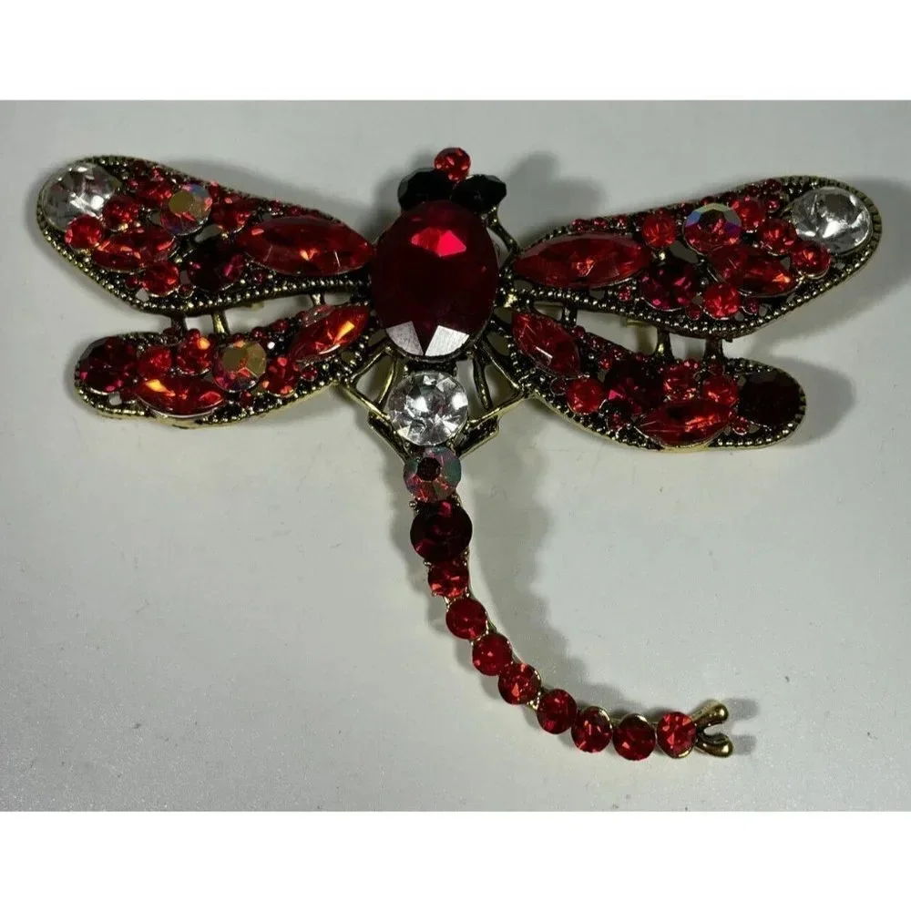 Gold Tone Metal Large Red Rhinestone Dragonfly Brooch Pin Pendant Statement